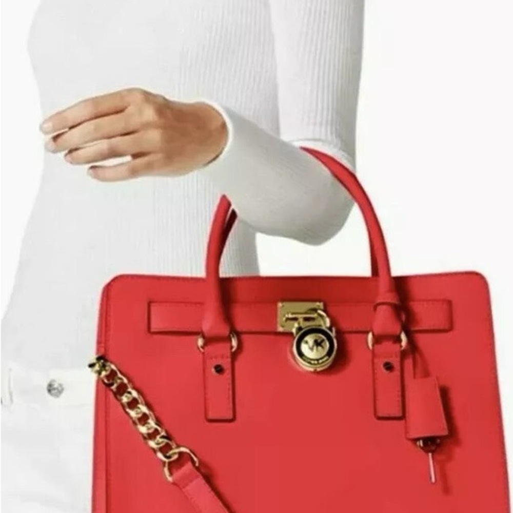 Michael Kors Coral-Red Structured Leather Tote with Gold Hardware
